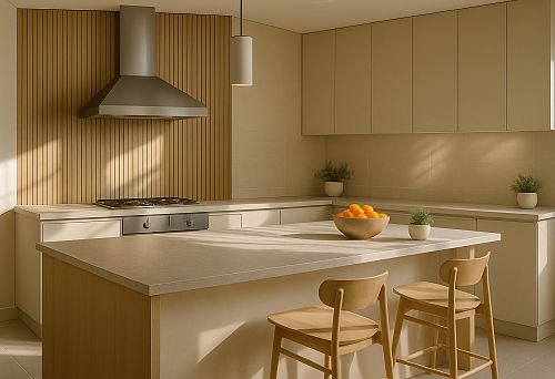 Современная кухня с островом, деревянными элементами и светлыми фасадами в минималистичном стиле