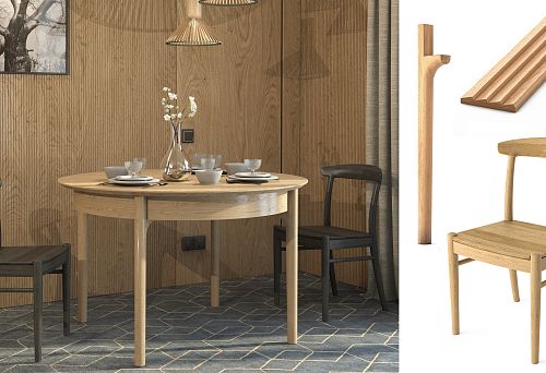 Modern wooden chair and round table in cozy interior