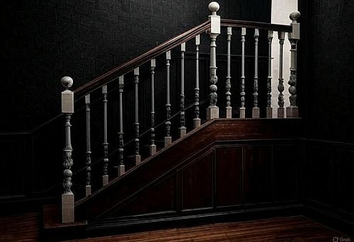 Dark wooden staircase with massive and elegant balusters in classic interior, accent on combination of modern technologies