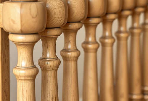 Close-up of thick wooden balusters for massive stair railings, monumental design