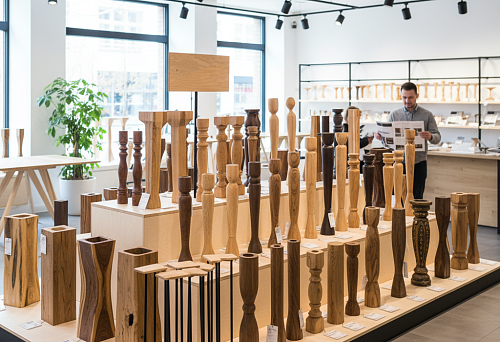 Магазин с большим выбором ножек для стола: деревянные и металлические опоры разных форм, высоты и пород дерева, выставленные на подиумах.