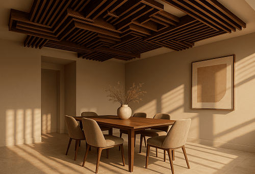 MDF veneered rails on the ceiling &mdash; a modern solution with natural beauty