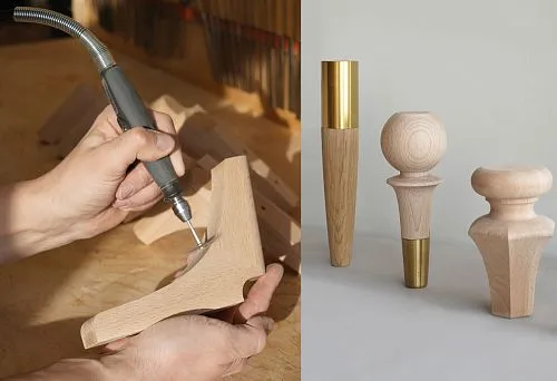 Three curved legs made of solid wood with metal inserts, intended for manufacturing or restoring furniture