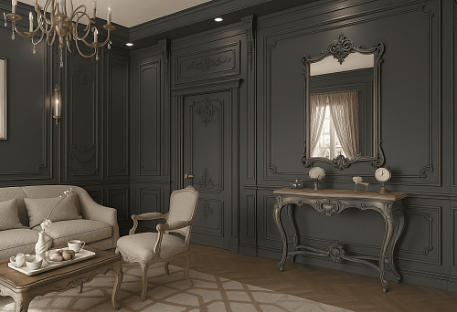 Console in classic style with carved decoration and mirror against dark walls