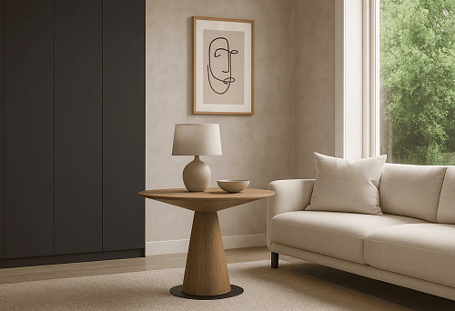 Italian-style living room furniture with wooden table and soft sofa