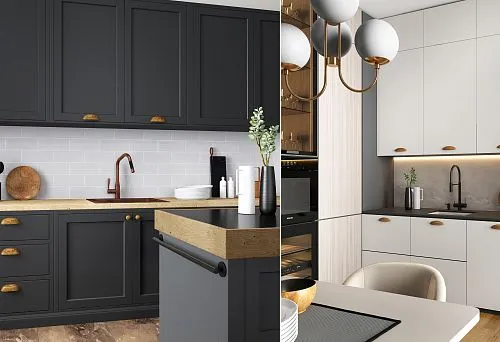 Kitchen interior with modern beams and crown moldings