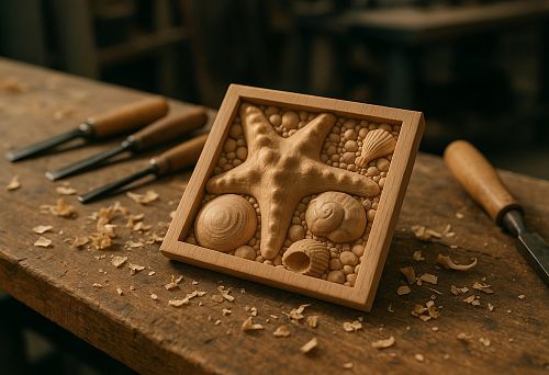 Carved wooden panel with a starfish and seashells on a carpentry workbench with tools