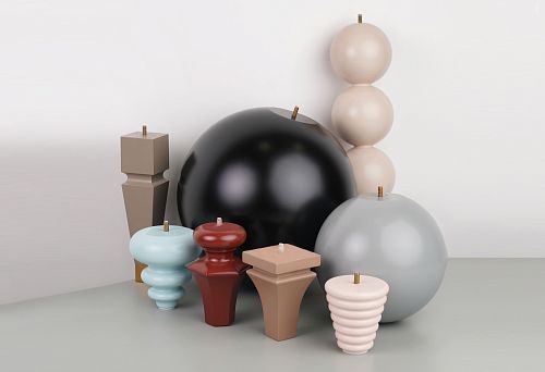 Modern furniture supports and decorative elements in natural wood of various shapes and colors