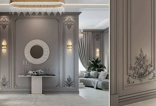 Detailed view of interior panel with carved decoration and refined elements.