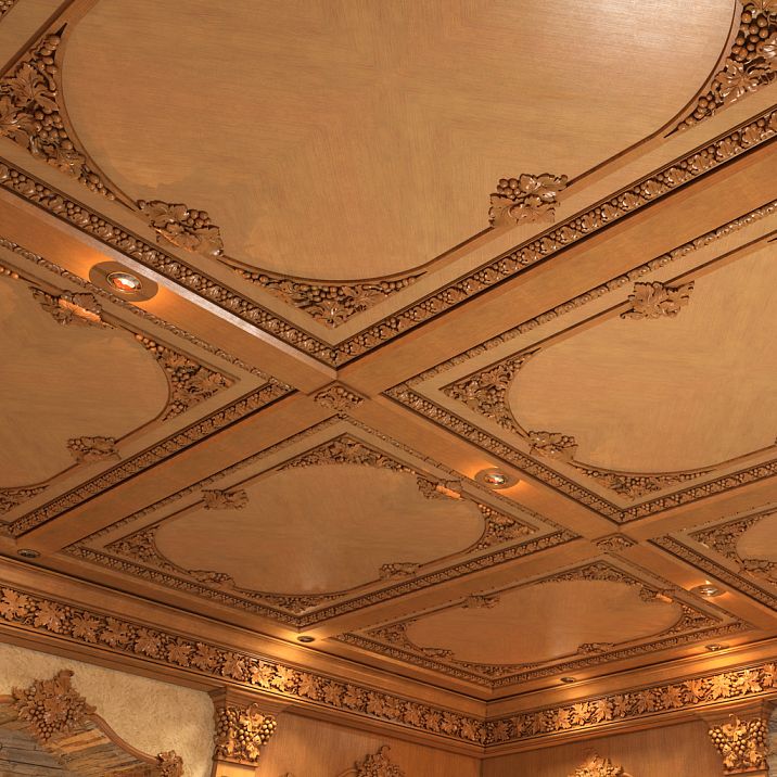 Резная накладка N-261 в интерьере на потолке винного погреба, декор из коллекции Виноград