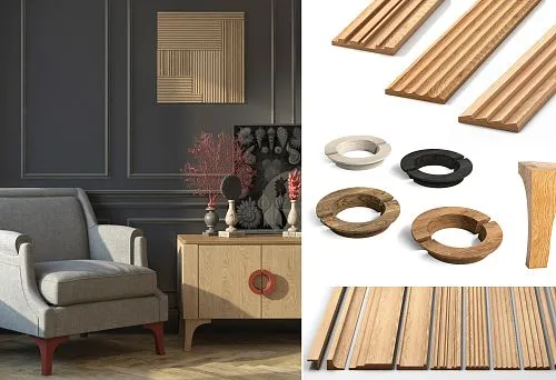 Modern interior with exclusive furniture accessories and hardware made of natural wood