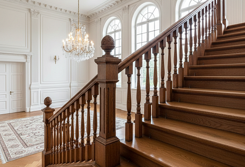 Деревянные балясины для лестницы в классическом интерьере &mdash; массивное ограждение, точёные элементы, гармония лестницы, лепного потолка и архитектурного пространства.
