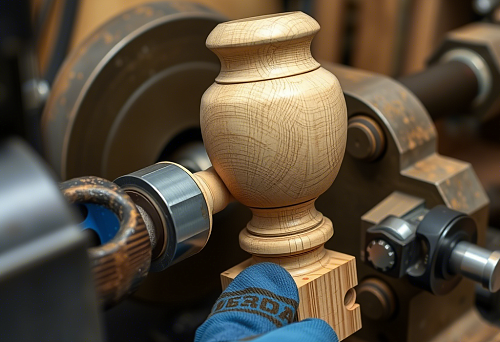 Baluster blank on a lathe, wood processing, professional baluster manufacturing