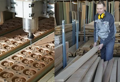 The master selects wooden boards from the warehouse, demonstrating the assortment of lumber for furniture production