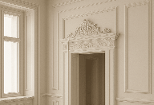 Door portal framing with decorative ornamentation and classical elements in interior design