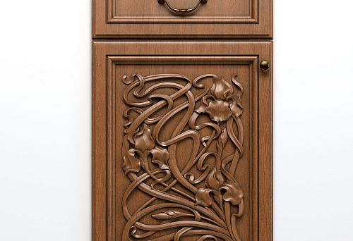 Wooden furniture facade with artistic carving in the modern style