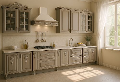 Stylish Classic Kitchen with Carved Facade Decor and Modern Functional Layout