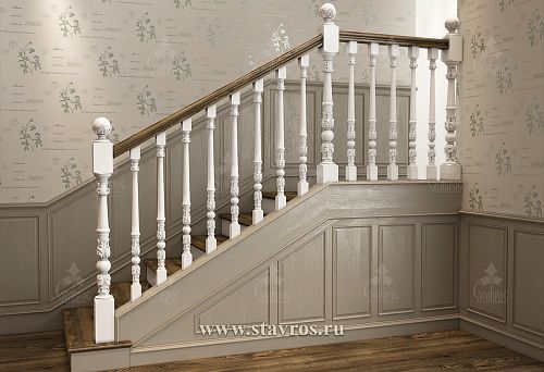Staircase with the best white wooden balusters and carved detailing