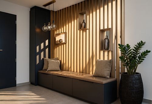 modern interior with wooden slats on the wall, built-in bench with cushions and decorative elements