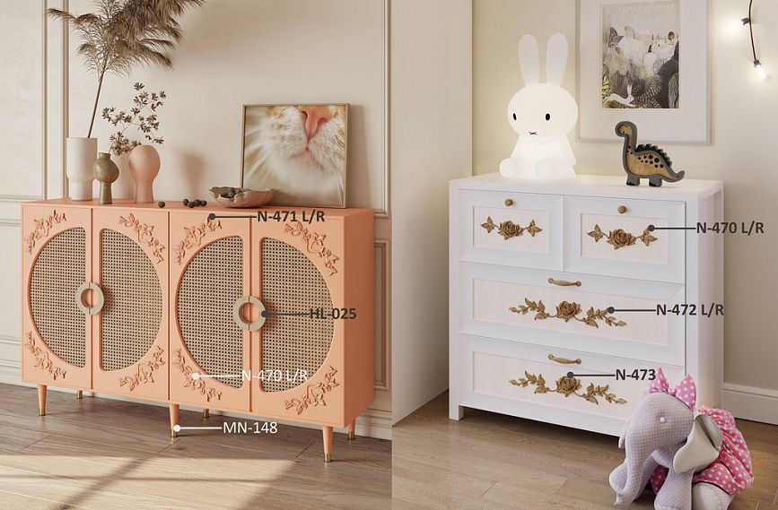 Ideas for decorating chest of drawers KMD-029, adorned with carved appliqu&eacute;s and elegant Solea HL-025 handles.