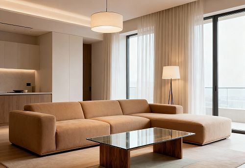 Modern Living Room with Beige Sofa and Glass Coffee Table