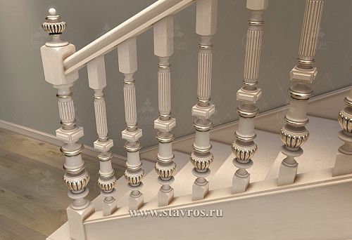 White Stair Railing Securely Mounted on Carved Balusters with Decorative Elements