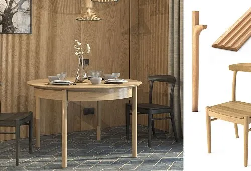 Round kitchen table made of solid wood in an interior with wooden wall cladding