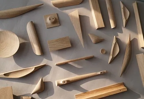 Collage of design solutions with furniture details made of natural wood.