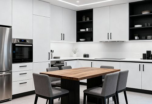 Modern Kitchen with White Fronts, Wooden Table and Gray Chairs