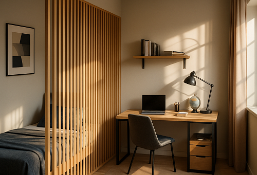 Рабочее место с перегородкой из МДФ реек – современный интерьер в СПб