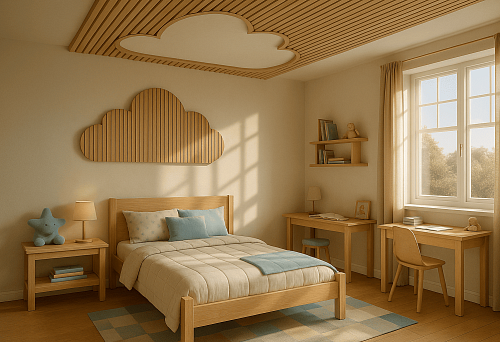 Bedroom with decorative MDF oak rails in cloud shape on the wall