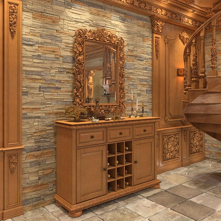 Elegant Carved Frame from Oak RM-013, from the Grapevine collection, interior photo of a wine cellar