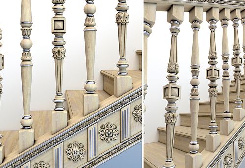 Overall view of a light wooden staircase with decorative carved balusters and handrails