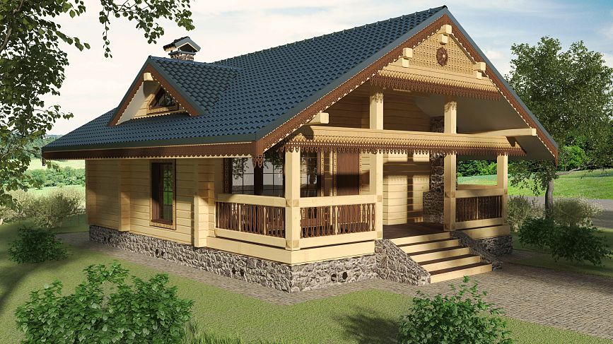 Wooden house with carved decorations, stone foundation, and tiled roof.