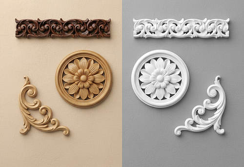 Decorative Elements &mdash; Wooden and Polyurethane Ornaments with Floral Motifs