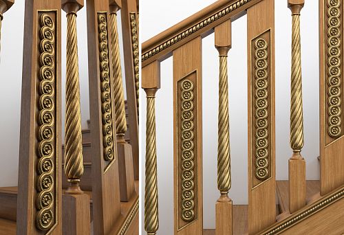 Wooden balusters with elegant scrolls and gilded decorative inserts