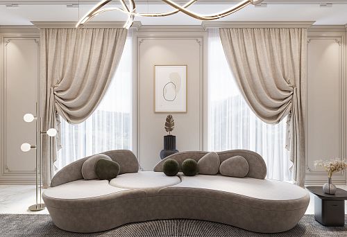 Modern living room with a designer sofa of organic shape