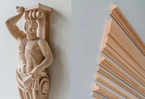 Set of wooden planks and profiles of various shapes and thicknesses, used for making cabinets