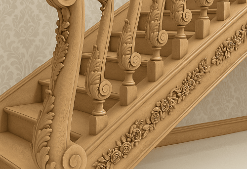 Carved balusters in the Yaroslavl style with artistic elements on a wooden staircase