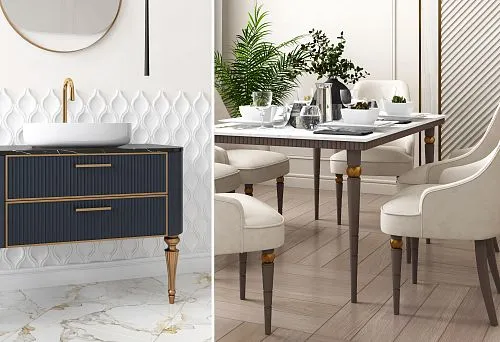 Elegant wooden furniture in interior: sideboard with carved legs and dining table with soft chairs