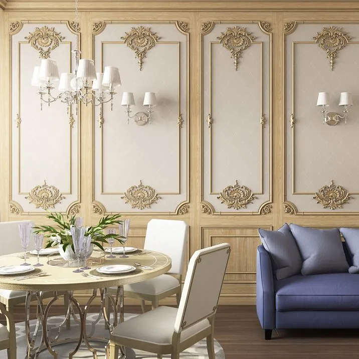 Резная накладка N-417 в интерьере гостиной на стенах