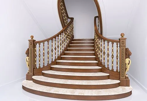 Luxurious wooden staircase with curved handrails and gilded balusters