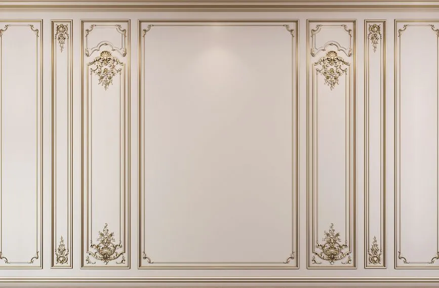 Interior with wall panels INT-027. Decor made of natural wood with carved appliqu&eacute;s