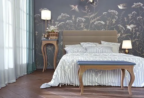 Bedroom interior with solid wood bed, bench, and bedside table in classic style