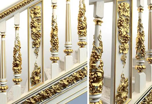 Staircase handrails with carved ornament, gilding, and grapevine motif.