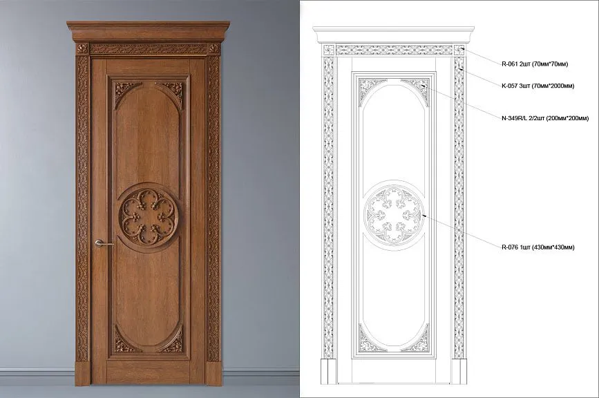 Wooden door with carved round ornament and decorative elements drawing.