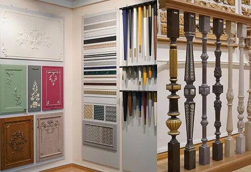 Collection of wooden balusters in various designs and finishes, showcasing wood carving craftsmanship.