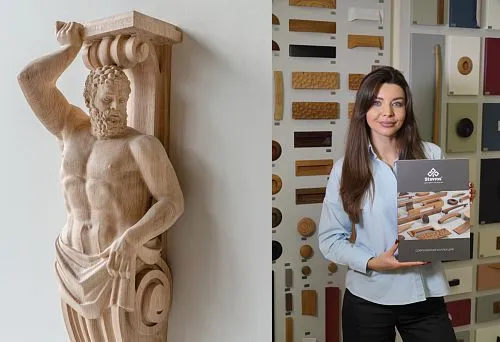 Woman in showroom, displaying catalog with furniture decor and material samples