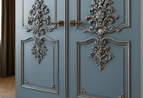 Moldings on doors with mirrors and decorative polyurethane patterns.