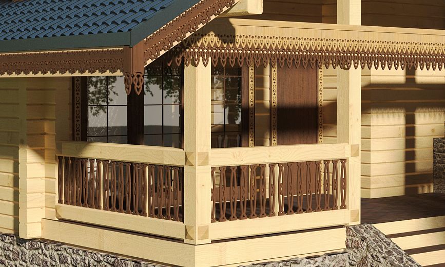 Decorative terrace design with carved balusters and ornamental elements.